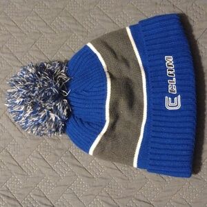Blue and Gray Pom-Pom Beanie